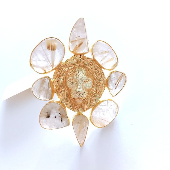 Wasee Jewels Large Quartz Goldtone Lions Head Adjustable Ring NEW - Picture 1 of 2